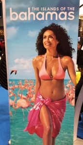 I hope this woman nonchalantly running from a flamingo swarm at the Bahamas booth was able to escape.